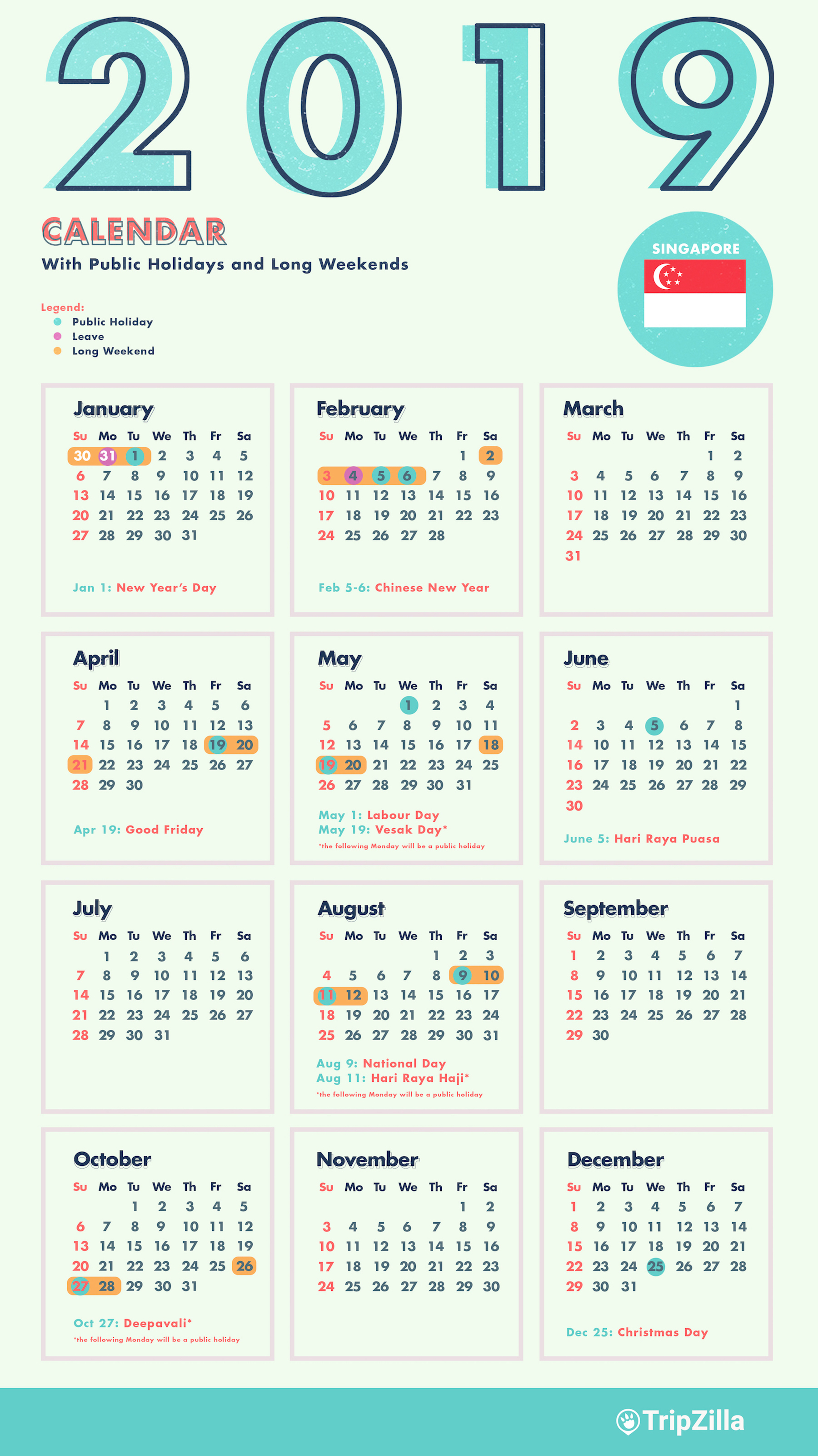 Singapore 2019 Public Holidays and Long Weekends Calendar